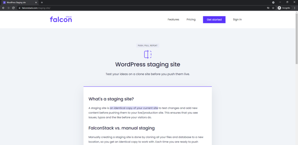 FalconStack WordPress staging site